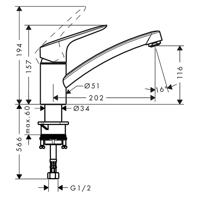 Hansgrohe Grifo de cocina Logis 120 - Cromo, Brillante - Dibujo técnico de un grifo con dimensiones.