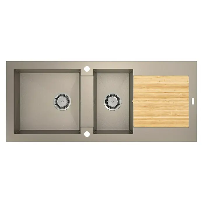 Carea Einbauspüle Katla - 118 x 50 cm, Taupe - Ansicht von oben auf eine Edelstahlspüle mit zwei Becken und einem Schneidebrett aus Holz, die eine moderne Küchenlösung zeigt.