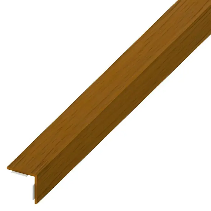 Winkelprofil - 1.000 x 20 x 20 mm, Stärke: 1 mm, Kunststoff, Eiche - Ein braunes Treppenkantenprofil aus Holz mit einer L-förmigen Kante, ideal für den Innenbereich. Es bietet Schutz und eine ansprechende Optik.