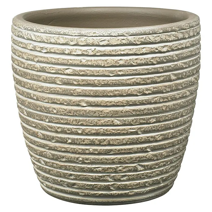 Soendgen Keramik Übertopf rund - Außenmaß (Ø x H): 14 x 12 cm, Braun, Keramik - Ein runder, beige gestreifter Pflanztopf mit strukturierter Oberfläche, ideal für den Innen- und Außenbereich zur Dekoration.