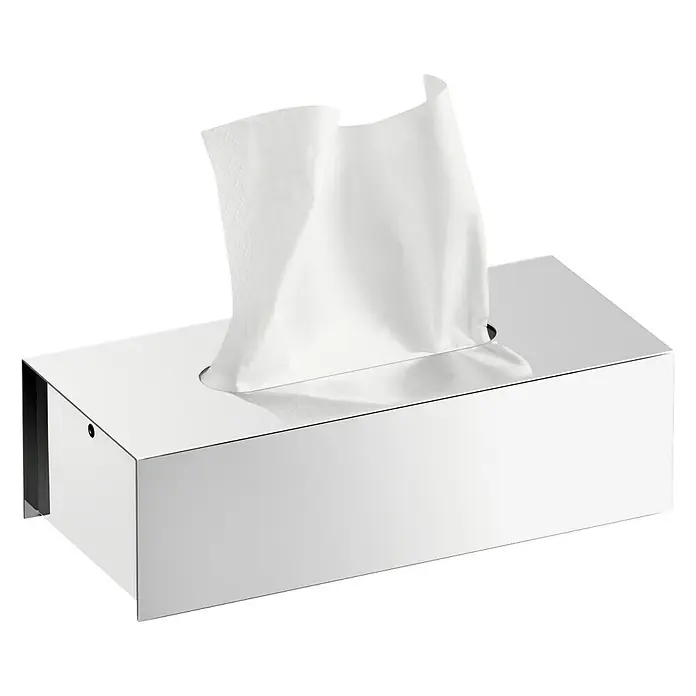 Zack Kosmetiktuchbox Puro - 12 x 25 x 8 cm, Edelstahl, Glänzend - Ein stilvoller, silberner Taschentuchspender, gefüllt mit weißen Papiertüchern, die leicht herausragen.