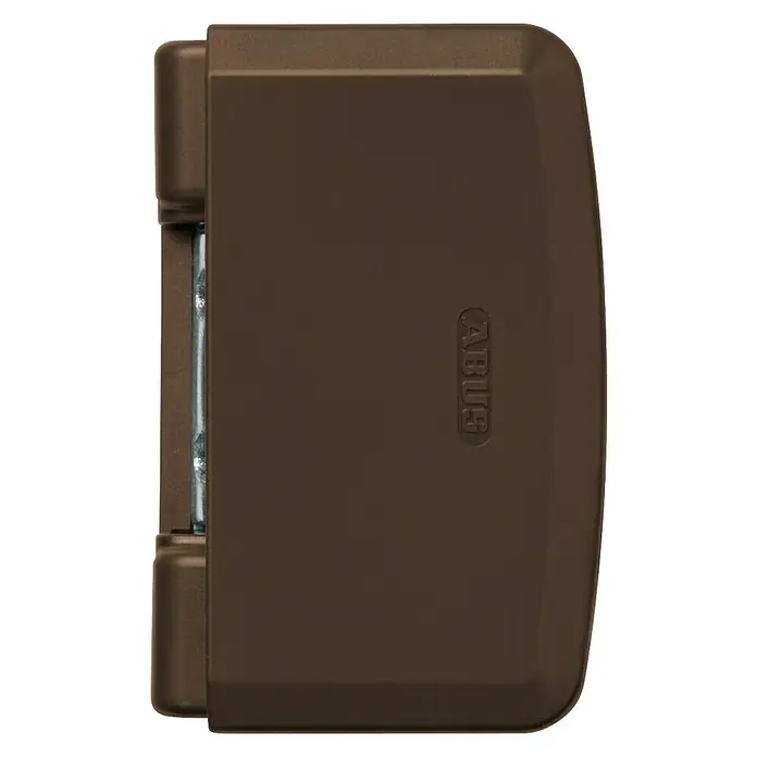 Abus Scharnierseitensicherung TAS112 - L x B x H: 108 x 66 x 30,5 mm, Braun - Nahaufnahme eines braunen ABUS-Scharniers. Es zeigt das robuste Design und die hochwertige Verarbeitung.