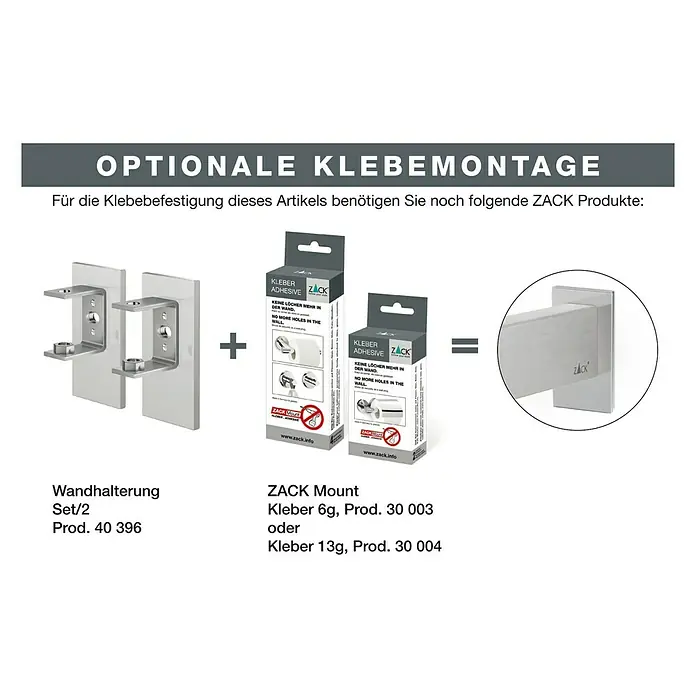 Zack Linea Wandhalterung - 2 Stk., Edelstahl, Matt - ZACK Wandhalterung Set zur optionalen Klebemontage. Inklusive Kleber für eine einfache und schnelle Montage ohne Bohren.