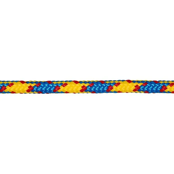 Schot Meterware - Durchmesser: 8 mm, Kunststoff, Gelb/Blau/Rot - Ein Seil mit einem farbenfrohen, geflochtenen Muster in Blau, Gelb und Rot. Es sieht aus wie ein robustes Kletterseil für Outdoor-Aktivitäten.