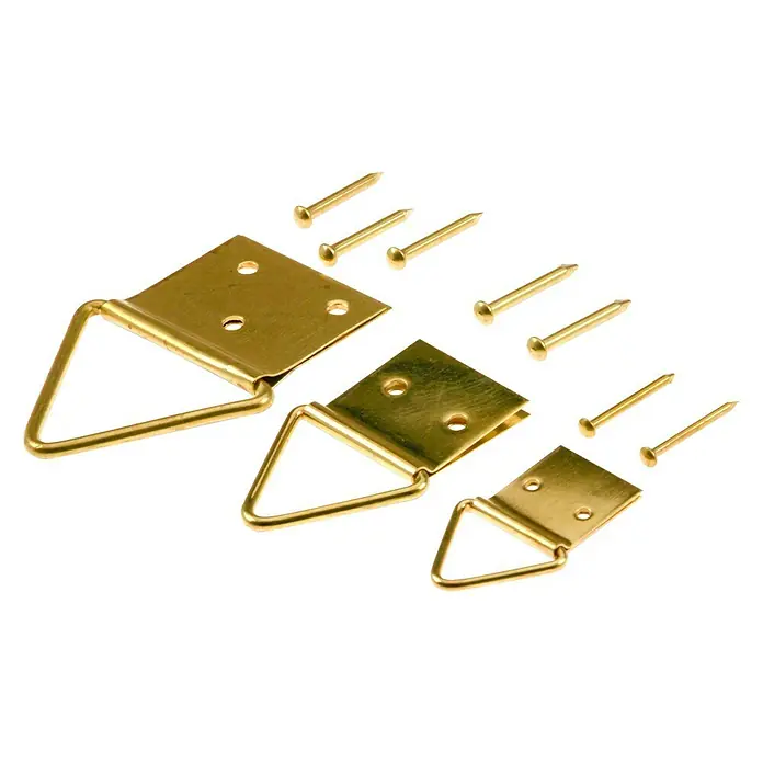 Stabilit Anilla plegable - 20 ud. - Juego de tres colgadores de cuadros de metal dorado en forma de D de varios tamaños con clavos.