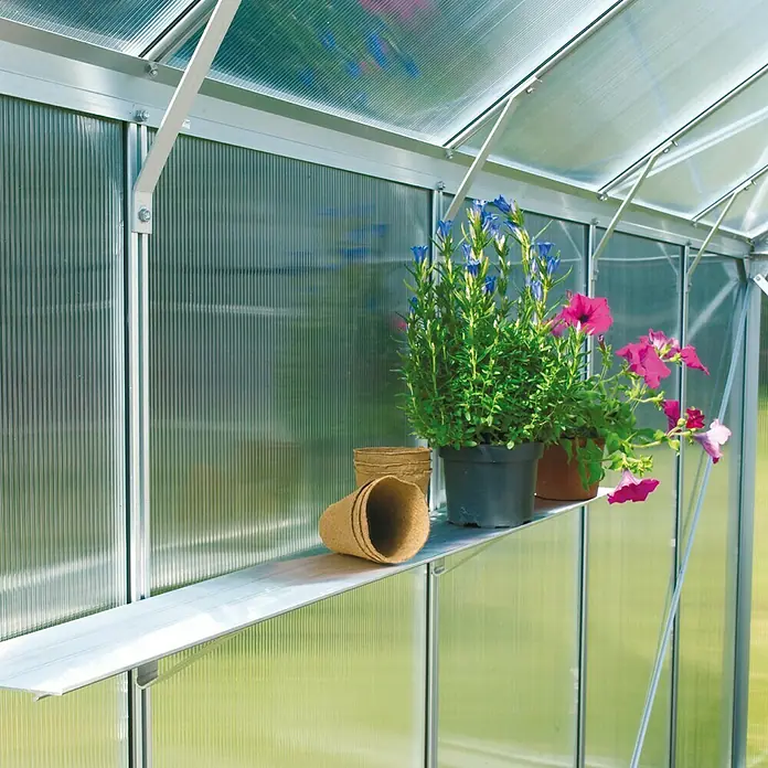 Vitavia Gewächshaus Freya 5900 Plus - Außenmaß inkl. Dachüberstand (B x T): 229 x 258 cm, Material Seitenwand: Kunststoff, Wandstärke: 6 mm, Aluminium - Nahaufnahme eines Gewächshausregals mit Pflanzen und Töpfen.
