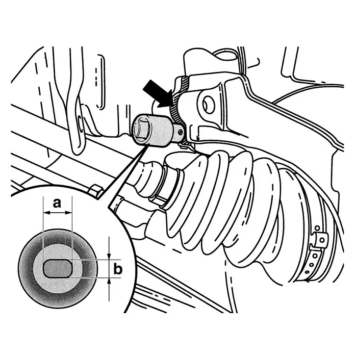 Hazet Radlagergehäuse-Spreizer 4912-1Schlüsselweite: 5,5 x 8 mm, Antriebsgröße: ½″ - Schema einer mechanischen Verbindung mit Messpunkten a und b, die die Präzision des Bauteils hervorheben.\n
