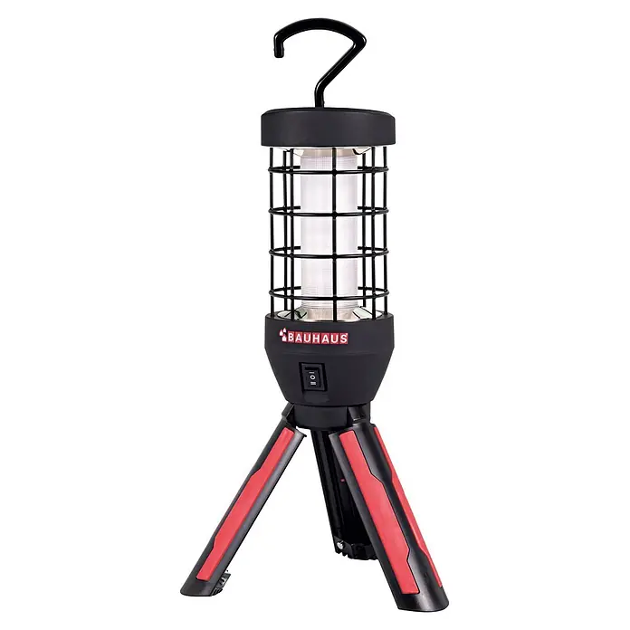 BAUHAUS Luz de trabajo LED Work 800 - Altura: 35 cm, Iones de litio - La imagen muestra una lámpara de trabajo LED inalámbrica con gancho y trípode, ideal para iluminación flexible.