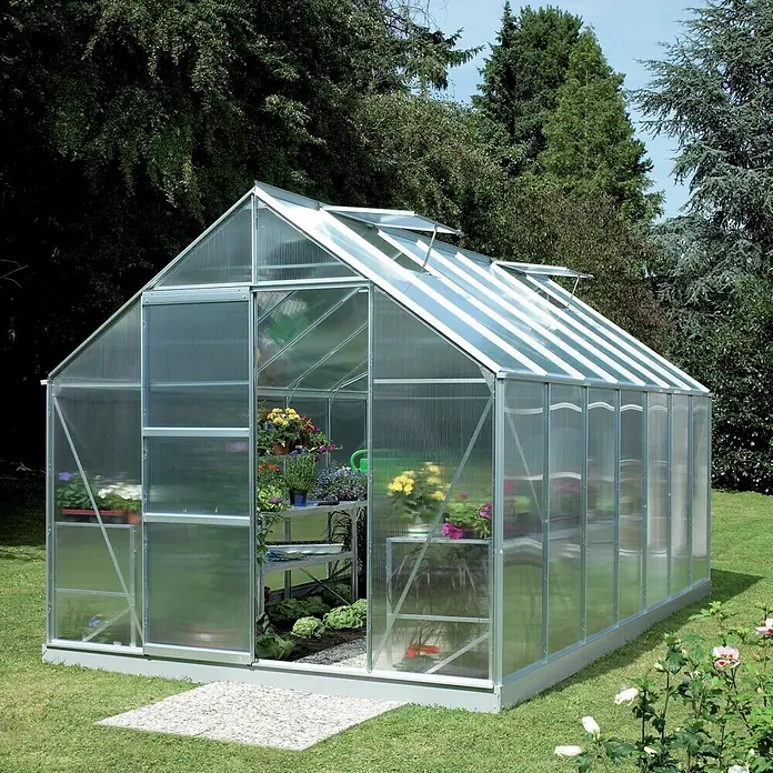 Vitavia Gewächshaus Merkur 11500 - Außenmaß inkl. Dachüberstand (B x T): 257 x 445 cm, 4 mm, Aluminium - Gewächshaus mit Aluminiumrahmen und transparenten Wänden im Garten, ideal für Pflanzenzucht.