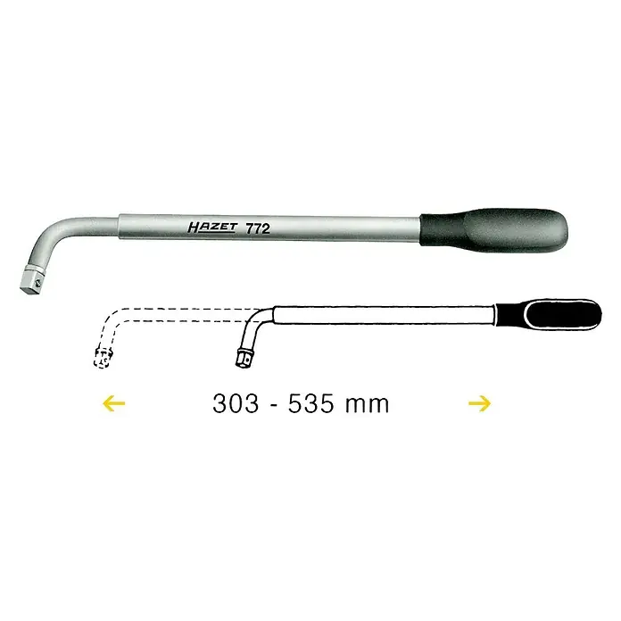 Hazet Teleskop-Radmutternschlüssel 772 - Teleskopierbar: 303 mm - 535 mm, Antriebsgröße: ½″ - Abbildung eines HAZET 772 Steckschlüssels mit abgewinkeltem Kopf und schwarzem Griff, ideal für schwer zugängliche Stellen.