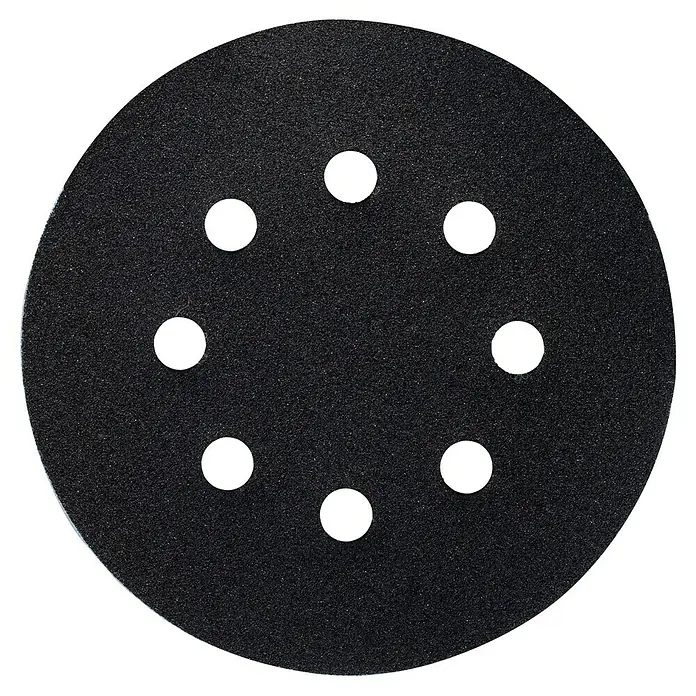 Craftomat Hoja de lija BFCC - Diámetro: 125 mm, Grano: 180, Perforado - Un disco de lija negro con agujeros redondos. Ideal para trabajos de lijado en madera y otros materiales.