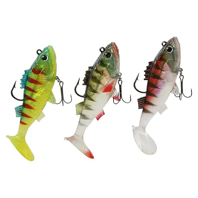 Westline Gummifisch-SetZielfisch: Zander/Hecht, Länge: 8 cm, Mit Drilling, 3 Stk. - Drei Fischköder in Gelb, Grün und Rot. Ideal für Angler, die auf der Suche nach effektiven Ködern sind, um Fische anzulocken.