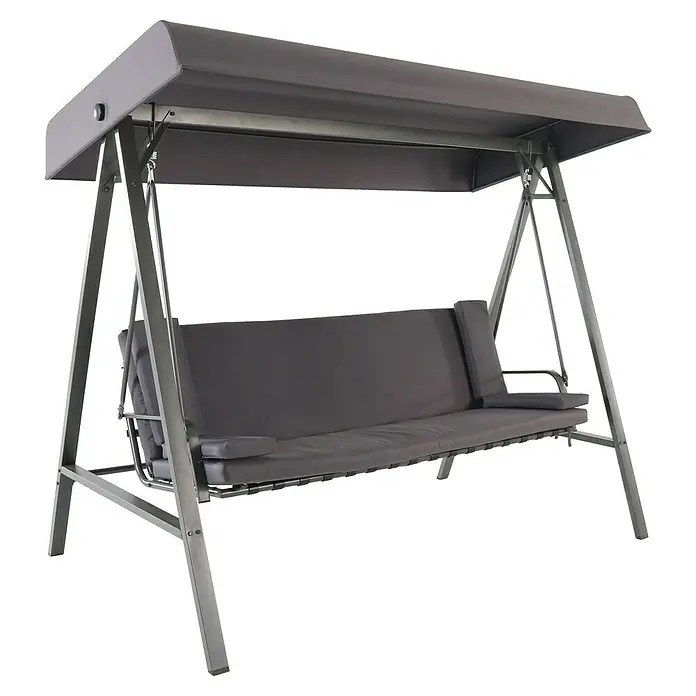 Sunfun Maja Hollywoodschaukel - 230 x 135 x 188 cm, Anthrazit - Eine graue Hollywoodschaukel mit einem stabilen Gestell und bequemen Polstern für entspannte Stunden im Freien.