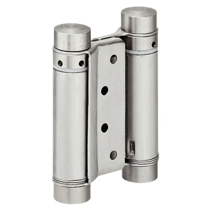 Suki Herraje para puerta basculante - Altura: 75 mm, 1 ud. - Primer plano de una bisagra de resorte metálica, con orificios y formas cilíndricas. Ideal para puertas que se abren en ambas direcciones.