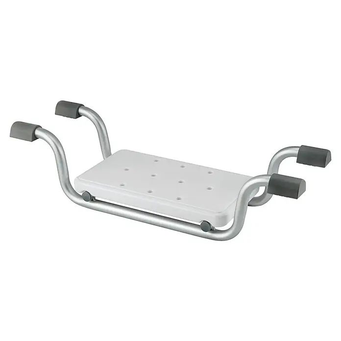 careosan Badewannensitz - 74 x 23 x 18,5 cm, Belastbarkeit: 110 kg, Weiß/Silber - Hier ist ein Duschhocker mit Griffen für mehr Stabilität. Der Sitz ist weiß und das Gestell ist aus silbernem Metall.