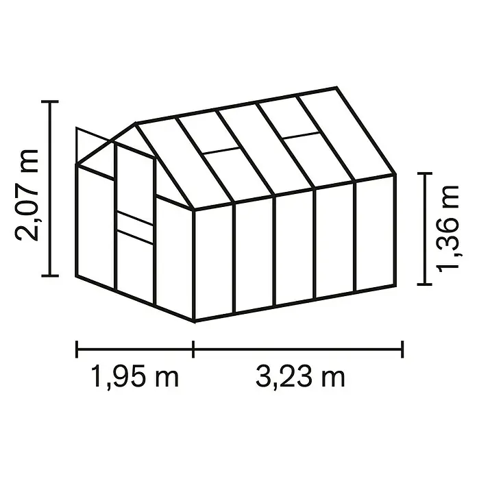 Vitavia Gewächshaus Apollo 6200 Plus - Außenmaß inkl. Dachüberstand (B x T): 195 x 323 cm, 6 mm, Aluminium - Abbildung eines Gewächshauses mit Maßangaben zu Höhe, Breite und Länge für detaillierte Bauplanung oder Größenbestimmung.
