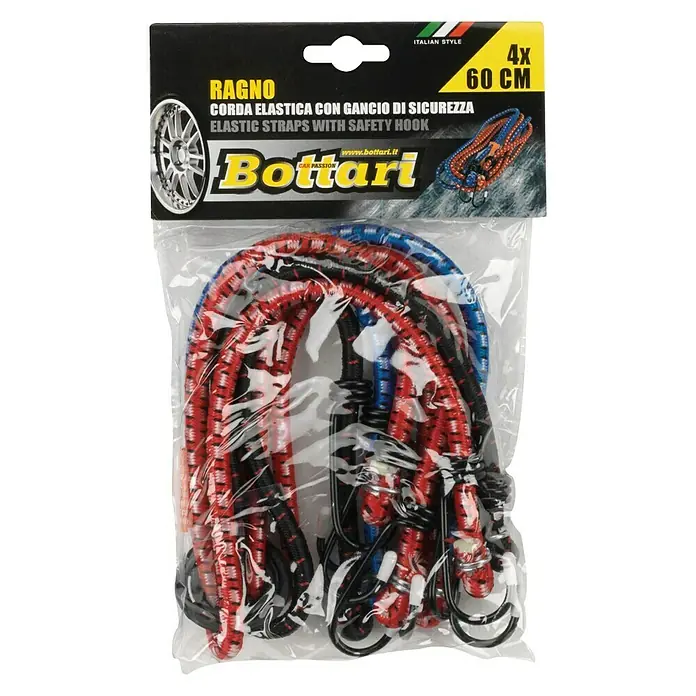 Pulpos elásticos elástica 6 brazos - Textil - Un juego de cuatro tensores elásticos con ganchos de seguridad, ideales para sujetar la carga en el coche o en la bicicleta.