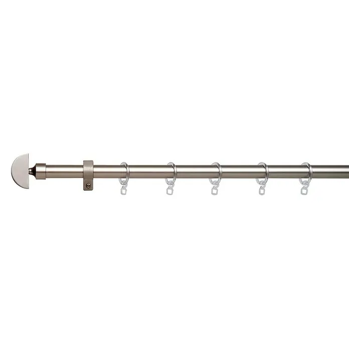 Barra para cortinas Kit metálico extensible - 160 cm - 300 cm, Plateado - Imagen de una barra de cortina de metal con tapa final y anillas para colgar cortinas.