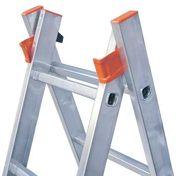 Krause Escalera multiusos - Altura de trabajo: 5,25 m, Número de peldaños: 18 ud., Carga soportada: 150 kg, Aluminio - Escalera de tijera de aluminio plateado con elementos de seguridad de plástico naranja.