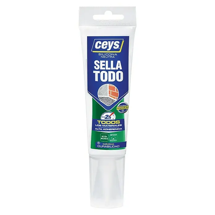 Ceys Silicona Neutra Sella Todo - Blanco, 125 ml - Imagen de un tubo de silicona neutra Ceys Sella Todo, apta para diversos materiales y aplicaciones interiores o exteriores.