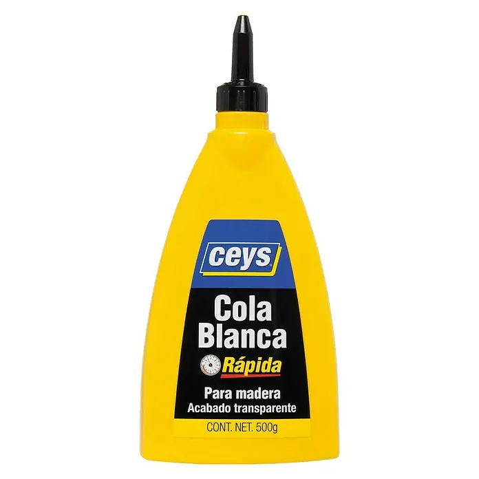 Ceys Cola blanca Rápida - 500 g - Bote amarillo de cola blanca rápida Ceys con aplicador negro. Ideal para madera, acabado transparente y contiene 500g.