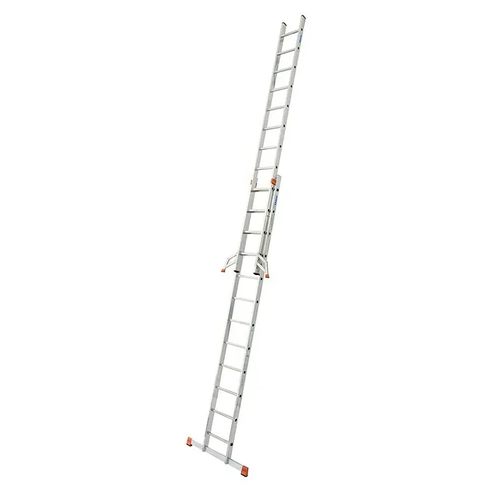 Krause Monto Schiebeleiter Fabilo - Anzahl Tritte: 24 Stk., Arbeitshöhe: 6,85 m, Aluminium - Ausgezogene Aluminium-Leiter mit orangenen Füßen. Die Leiter ist für den Einsatz im Außenbereich konzipiert.