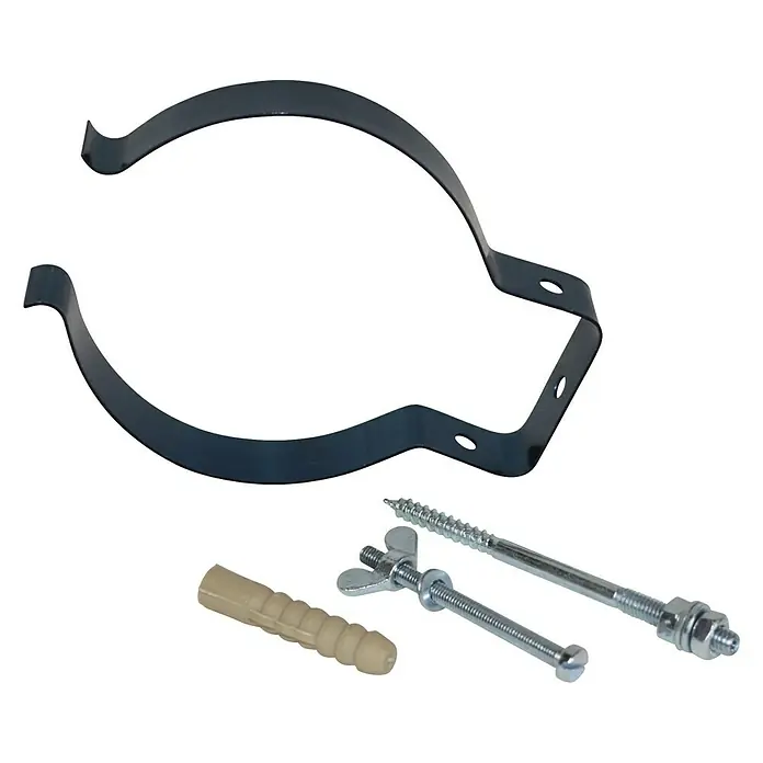 Bertrams Rohrhalter - Durchmesser: 100 mm - 130 mm, Schwarz - Produktabbildung einer Rohrschelle, Dübel und Schrauben, die für die Installation benötigt werden.