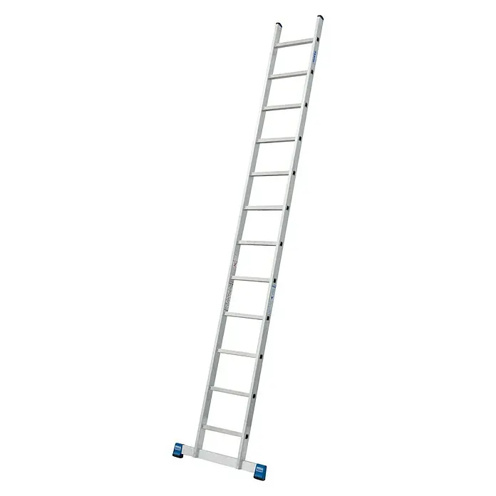 Krause Stabilo Anlegeleiter - Anzahl Tritte: 12 Stk., Arbeitshöhe: 4,4 m, Aluminium - Eine einzelne, stabile Aluminiumleiter mit blauen Fußkappen, die für den sicheren Einsatz auf Baustellen und im Haushalt konzipiert ist.