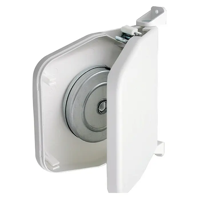 Schellenberg Recogedor de cinta de persiana 50157 - Anchura de la correa: 14 mm, Giratorio 180°, Marrón - Primer plano de un cierrapuertas automático blanco, montado en una pared, que muestra su mecanismo plateado.