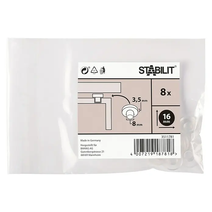 Stabilit Gummiauflage - Glastisch, 8 Stk. - Abbildung einer Packung Stabilit Möbelgleiter, 8 Stück. Die Möbelgleiter sind ideal zum Schutz von Möbeln und Böden vor Kratzern.