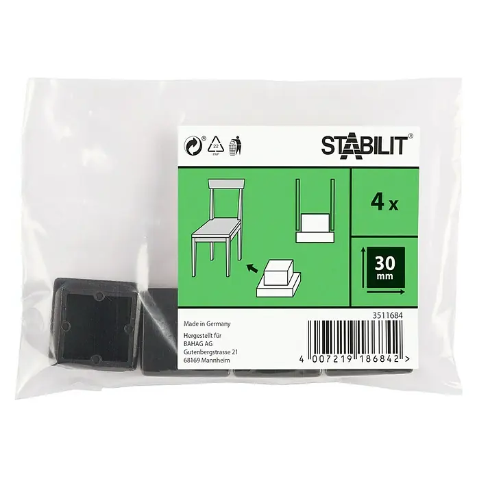 Stabilit Protector para muebles - An x L: 30 x 30 mm, Negro, 4 ud. - Imagen de un paquete de deslizadores para muebles Stabilit, 4 unidades, 30 mm, para proteger suelos y muebles.