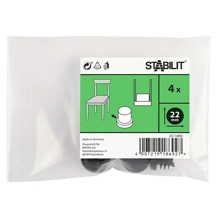 Stabilit Protector para muebles - Diámetro: 22 mm - Paquete de cuatro protectores para patas de silla Stabilit, de 22 mm de diámetro, para proteger los suelos de arañazos.