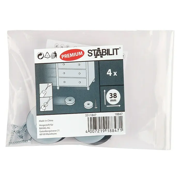 Stabilit Möbelgleiter Easy-Glider - Durchmesser: 38 mm, Mit Schraube, 4 Stk. - Eine Packung Stabilit Premium Möbelgleiter mit Schrauben, Durchmesser 38 mm, für Möbel.