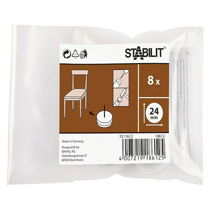 Stabilit Protector para muebles - Diámetro: 24 mm, Redonda, 8 ud., Blanco - Paquete de deslizadores para sillas Stabilit con clavo, 8 unidades, 24 mm de diámetro, para proteger los suelos de arañazos.