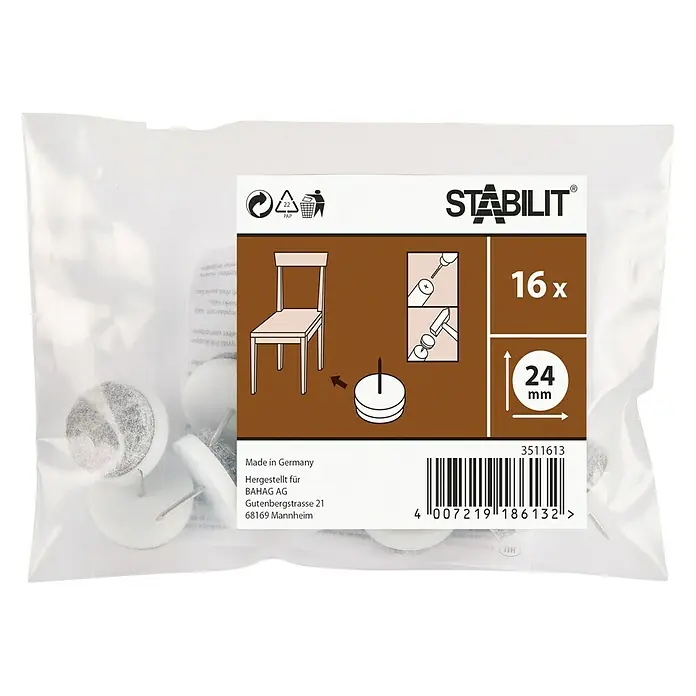 Stabilit Protector para muebles - Diámetro: 24 mm, Redonda, 16 ud., Blanco - Paquete de 16 deslizadores de clavo Stabilit, 24 mm de diámetro, para una fácil fijación a las patas de la silla para proteger los suelos.