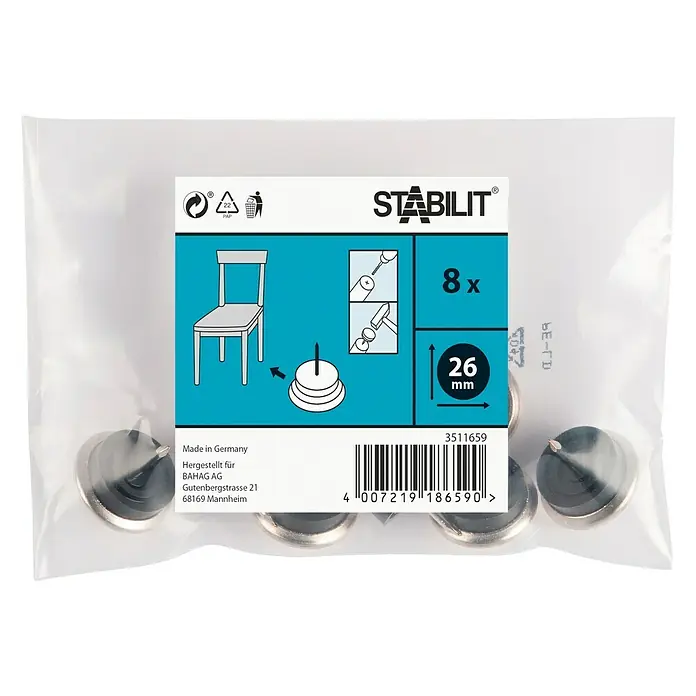 Stabilit Taco de teflón para patas - Diámetro: 26 mm, Metal, Redonda, 8 ud. - Paquete de deslizadores para muebles Stabilit con 8 piezas, diámetro 26 mm, para una fácil instalación en patas de sillas y muebles. Protege los suelos.
