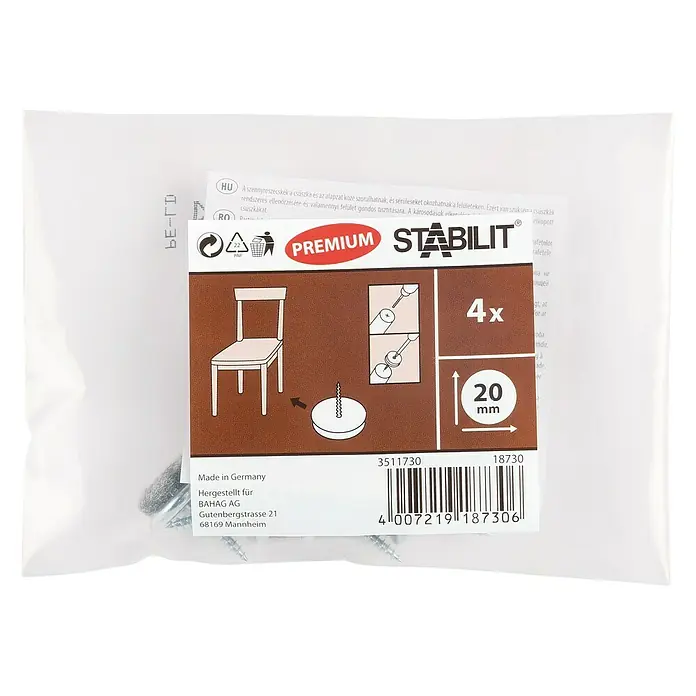 Stabilit Filzgleiter - 20 mm, Mit Schraube, Natur, 4 Stk. - Verpackung von Stabilit Premium Möbelgleitern mit Schrauben, 4 Stück, 20 mm Durchmesser. Ideal zum Schutz von Böden.