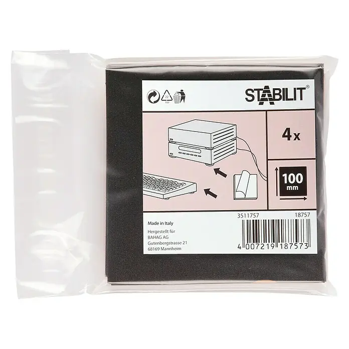 Stabilit Anti-Rutsch-Pad - 100 x 100 mm, Schwarz, Kleben, 4 Stk. - Die STABILIT Gerätefüße mit einer Größe von 100x100 mm im 4er-Pack sind ideal, um Geräte sicher und rutschfest zu positionieren.