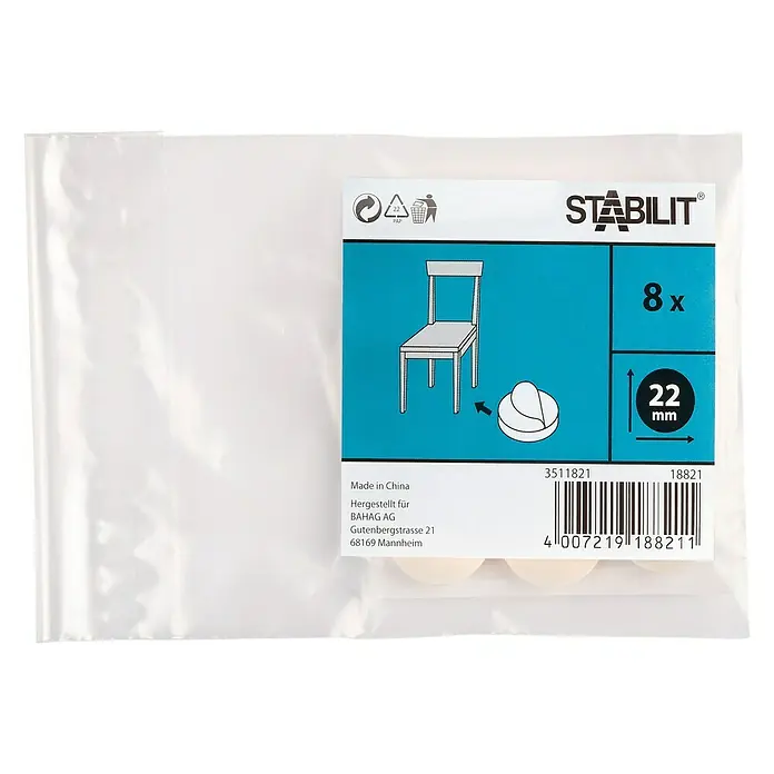 Stabilit Patín antideslizante para alfombras - 22 mm, Blanco, 8 ud., Pegado - Un paquete de deslizadores para patas de silla STABILIT, de 22 mm de diámetro, fabricados en China para evitar arañazos en los suelos.