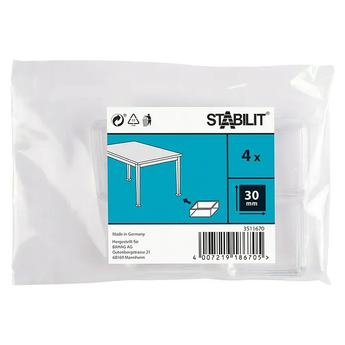 Stabilit Base para muebles - Cuadrado, 4 ud., 30 mm, 30 mm - Imagen de un paquete con 4 protectores para patas de mesa STABILIT de 30 mm.
