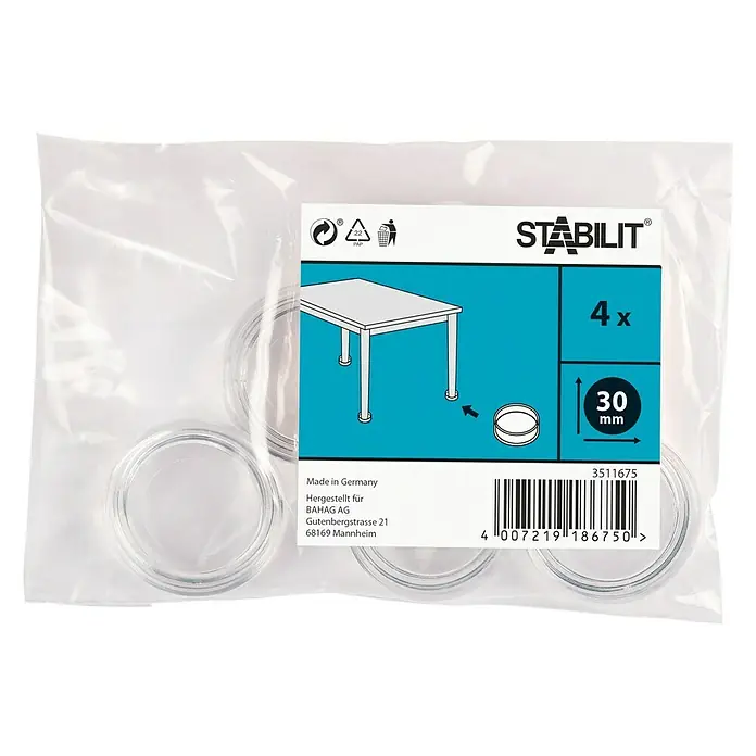 Stabilit Base para muebles - Diámetro: 30 mm, Redonda, 4 ud. - Paquete de cuatro deslizadores para muebles Stabilit (30 mm) en diseño transparente, ideal para proteger los suelos y reducir el ruido.