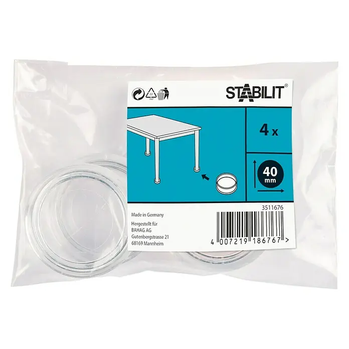 Stabilit Base para muebles - Diámetro: 40 mm, Redonda, 4 ud. - Paquete de cuatro protectores para patas de mesa Stabilit con un diámetro de 40 mm para proteger los suelos de arañazos y daños.