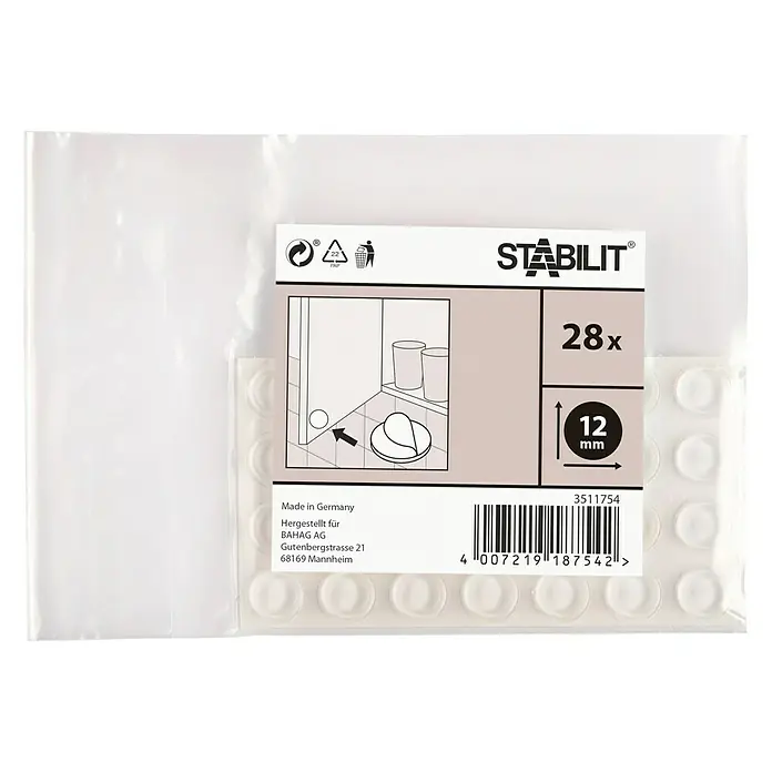 Stabilit Rutsch- & Lärmstopper - Durchmesser: 12 mm, Transparent, Kleben, 28 Stk. - Packung mit 28 transparenten Stabilit-Pufferanschlägen, Durchmesser 12 mm, ideal zum Schutz von Oberflächen vor Beschädigungen.