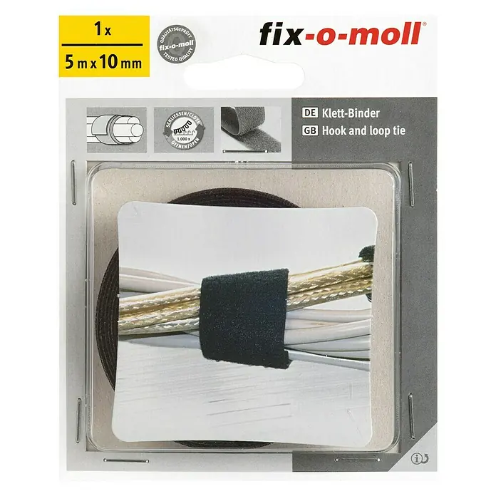 Fix-o-moll Klett-Kabelbinder Technic - 5 m x 10 mm, Schwarz - Bild einer Packung Fix-o-moll Klett-Binder, 5 m x 10 mm, zum einfachen und ordentlichen Bündeln von Kabeln und anderen Gegenständen.