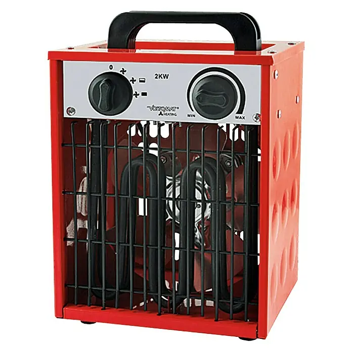 Voltomat HEATING Calefactor industrial - Específico para: Habitaciones de hasta 20 m², 1.000 W - 2.000 W, Tensión nominal: 220 V - 240 V, Rojo/Negro, IP24 - Calefactor portátil rojo con rejilla de seguridad y diales de control de temperatura.