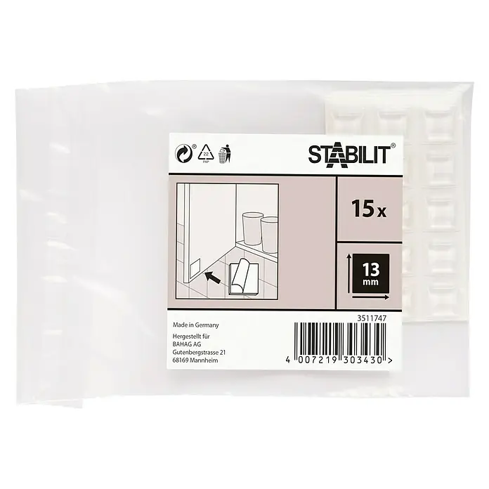 Stabilit Rutsch- & Lärmstopper - L x B: 13 x 13 mm, Transparent, Kleben, 15 Stk. - Bild einer Verpackung Stabilitts mit 15 transparenten, selbstklebenden Puffern mit einer Größe von 13 mm.