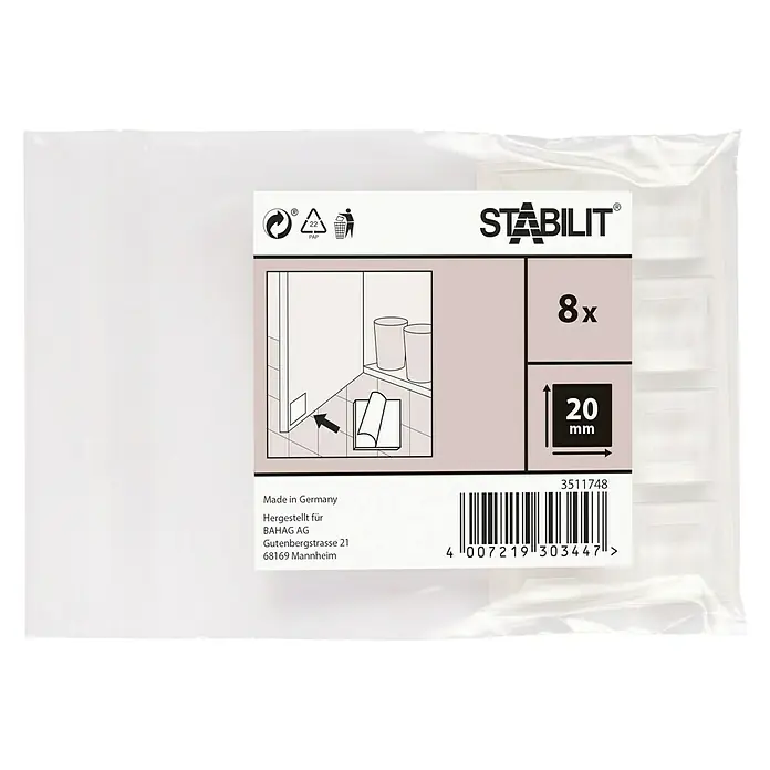 Stabilit Rutsch- & Lärmstopper - L x B: 20 x 20 mm, Transparent, Kleben, 8 Stk. - Ein Kunststoffverpackung mit 8 transparenten Stabilit-Pads, je 20 mm groß, ideal zur Befestigung verschiedener Gegenstände.