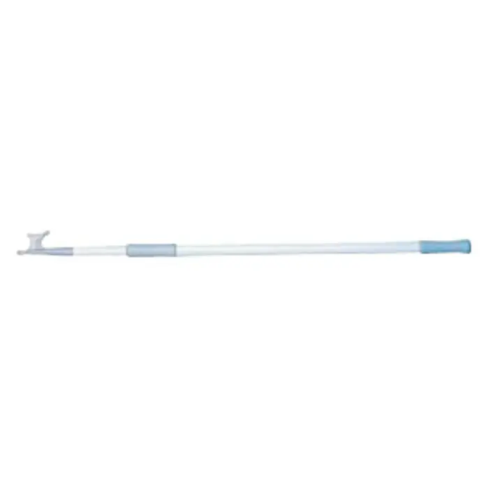 Bichero telescópico blanco - 30 mm x 120 cm, Aluminio - Un brazo extensible ajustable con mango azul y pinza para agarrar, diseñado para alcanzar y recoger objetos fácilmente.