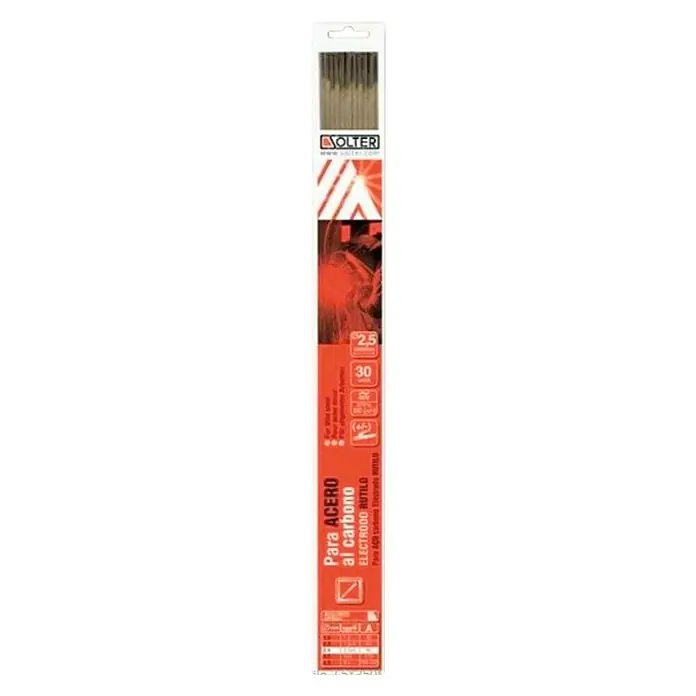 Solter Electrodo de acero rutilo - Diámetro: 2,5 mm, 260 ud. - Electrodos de soldadura "SOLTER" para acero al carbono, con la marca "Electrode Rutilo" y especificaciones técnicas clave. Rendimiento óptimo.