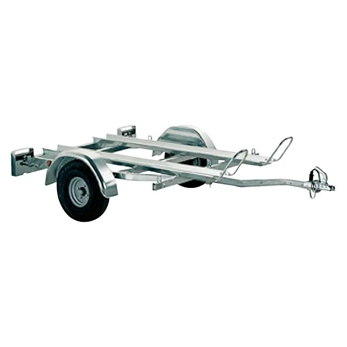 BAUHAUS Remolque para motocicletas Eco Moto - Carga útil: 230 kg, Un eje, Sin freno - Un remolque de moto plateado con dos ruedas, ideal para transportar motos de forma segura.